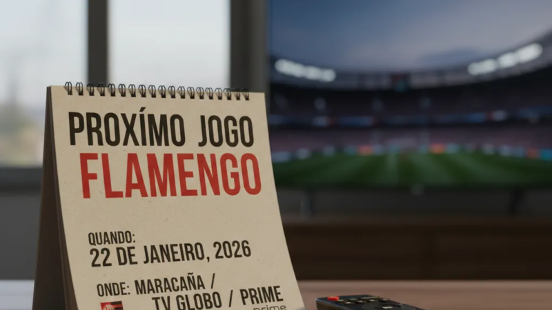 Jogador do Flamengo em campo, com a camisa rubro-negra e bola, em um lance de ataque. Proximo jogo Flamengo.