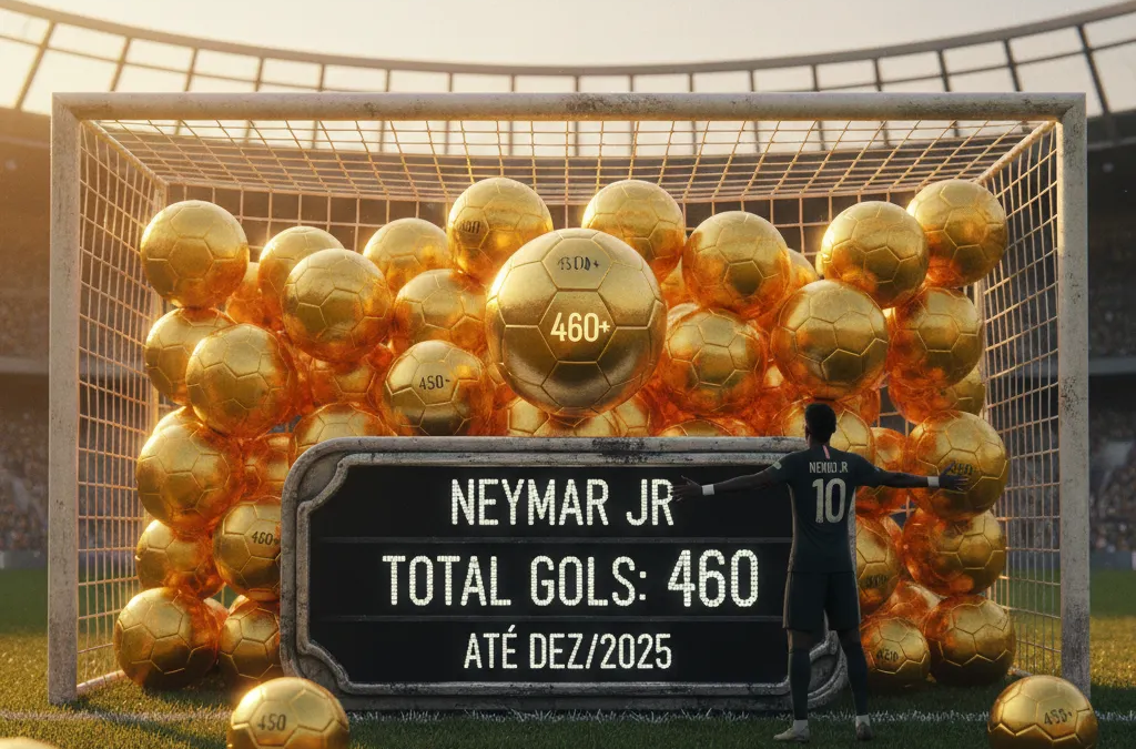 Neymar Jr. em ação no campo, driblando a bola com foco nos seus gols na carreira.