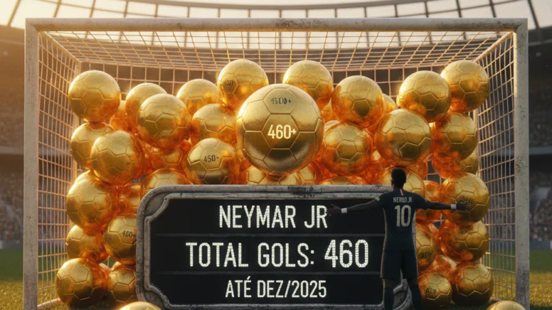 Neymar Jr. em ação no campo, driblando a bola com foco nos seus gols na carreira.