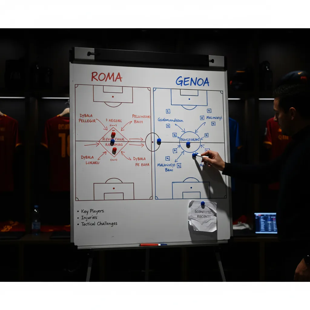 Jogadores da Roma e do Genoa disputam a bola intensamente em partida de futebol. Foco na ação do jogo.
