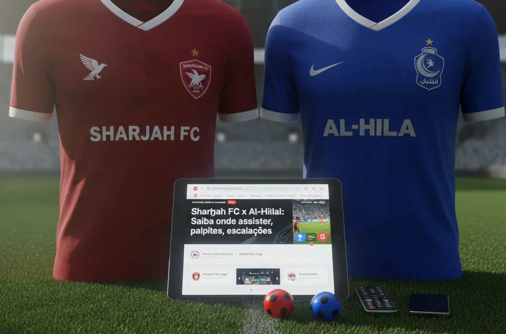 Logos do Sharjah FC e Al-Hilal em destaque, com bola de futebol no centro, anunciando o confronto.