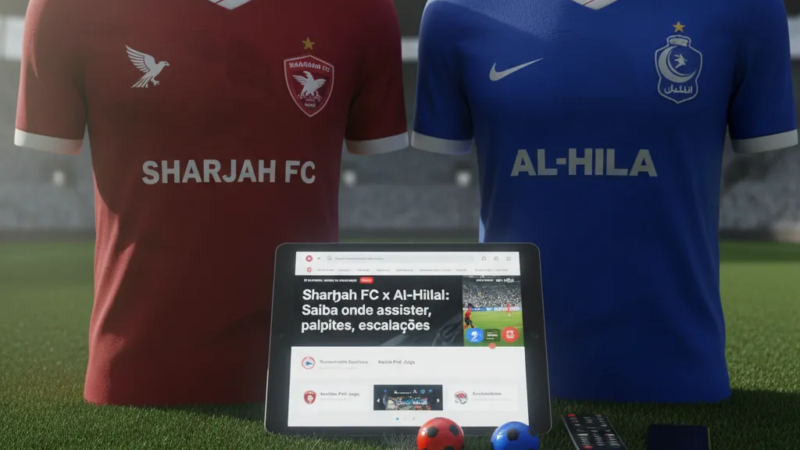 Logos do Sharjah FC e Al-Hilal em destaque, com bola de futebol no centro, anunciando o confronto.
