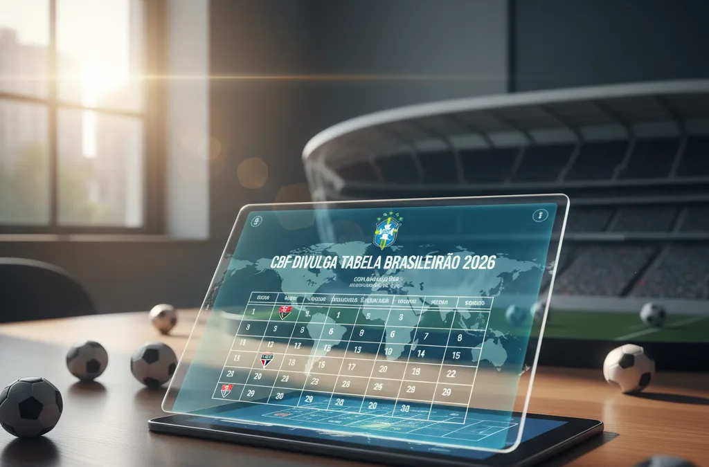 Calendário digital exibindo datas e jogos da tabela do Brasileirão 2026 sobre bola de futebol no gramado.