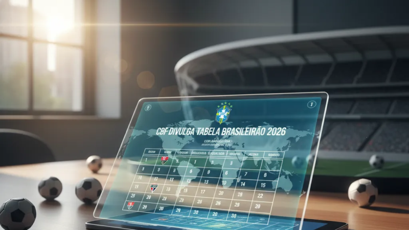 Calendário digital exibindo datas e jogos da tabela do Brasileirão 2026 sobre bola de futebol no gramado.