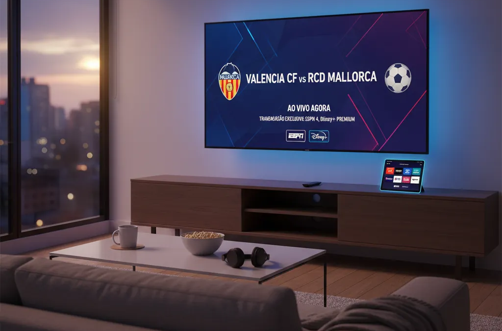 Jogadores do Valencia e Mallorca disputam a bola intensamente em campo, com o estádio lotado ao fundo.