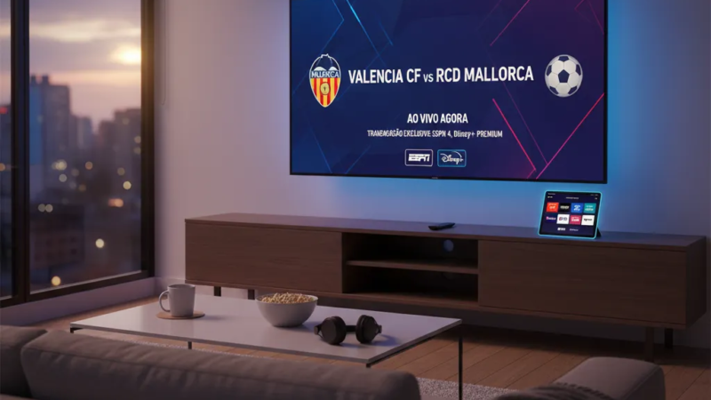 Jogadores do Valencia e Mallorca disputam a bola intensamente em campo, com o estádio lotado ao fundo.