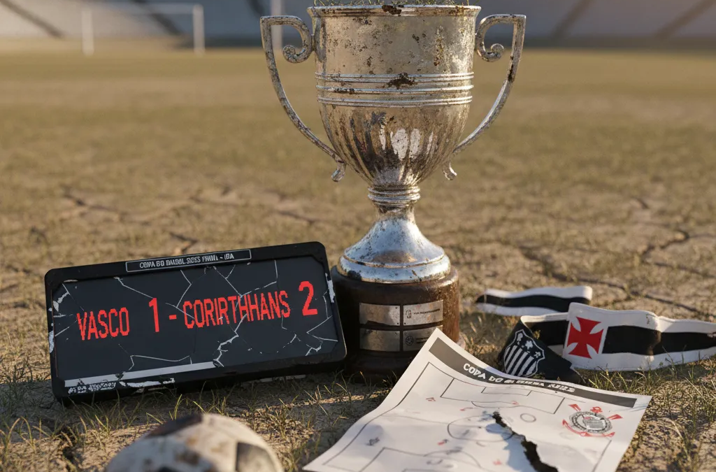 Jogadores do Vasco e Corinthians em ação, disputando a bola no gramado durante a final da Copa do Brasil.