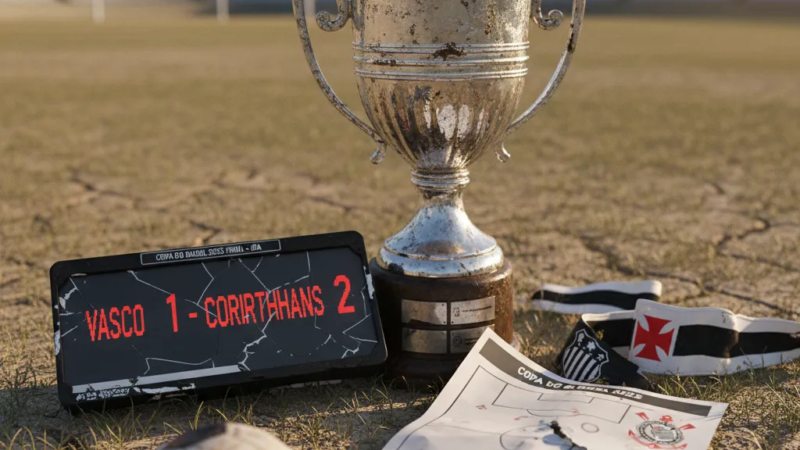 Jogadores do Vasco e Corinthians em ação, disputando a bola no gramado durante a final da Copa do Brasil.