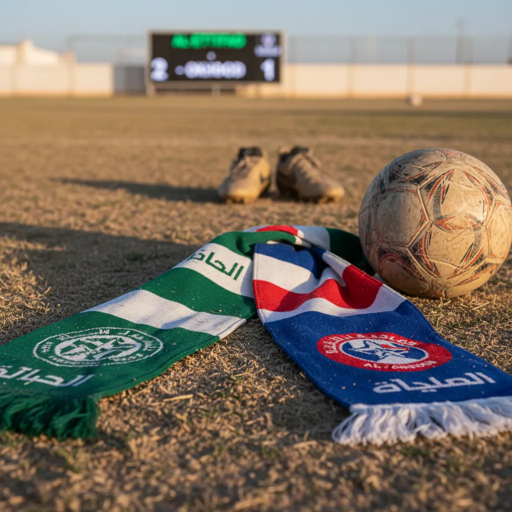 Jogadores do Al-Ettifaq e Al-Okhdood disputam a bola em campo durante um jogo de futebol, refletindo a rivalidade.