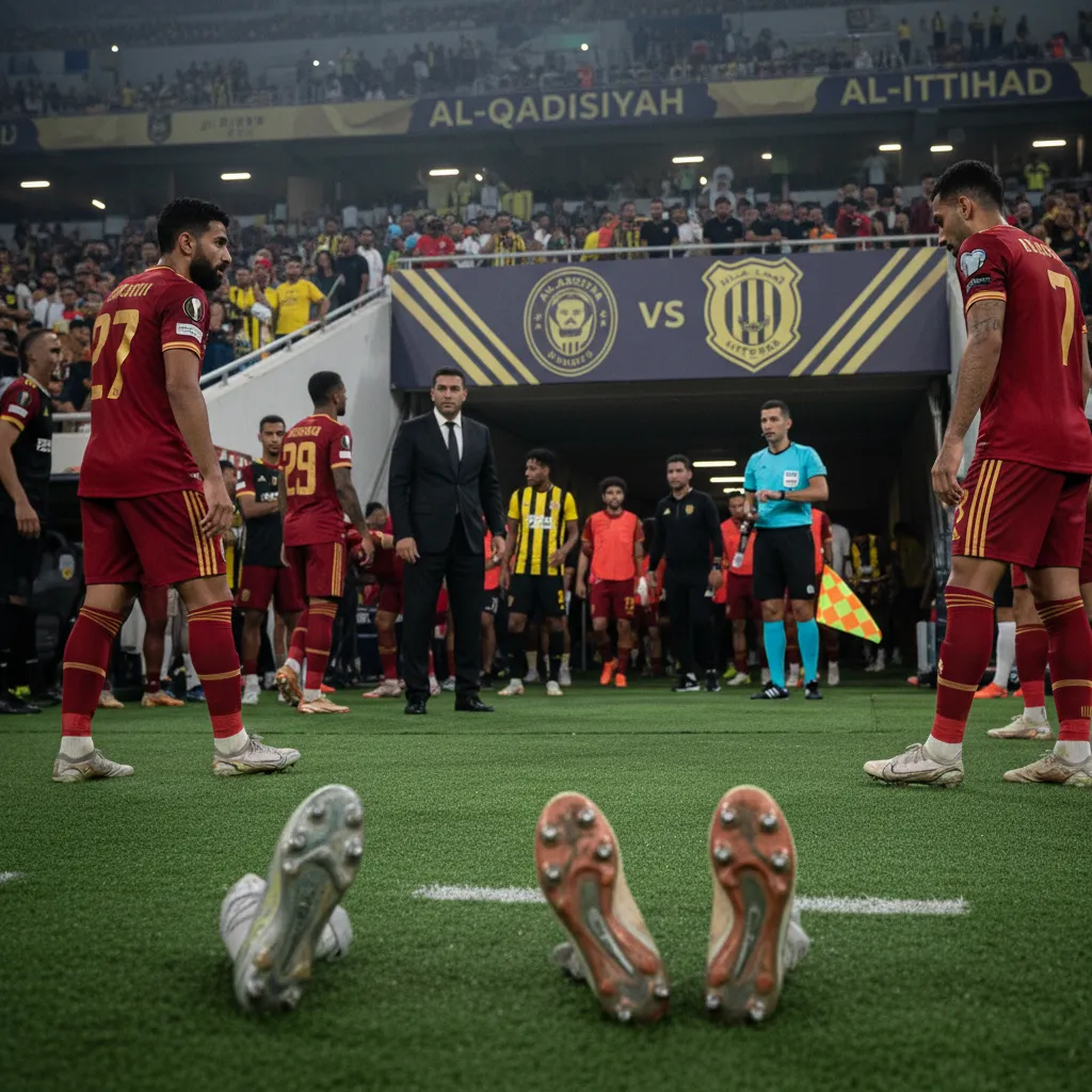 Jogadores de Al Qadsiah e Al-Ittihad em ação no campo, disputando a bola durante um jogo de futebol intenso.
