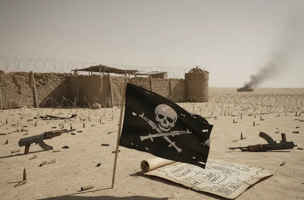 Militantes armados do Al-Shabaab patrulham área rural na Somália, com fuzis e bandeira.