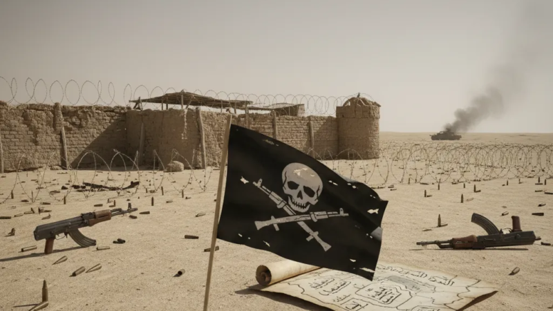 Militantes armados do Al-Shabaab patrulham área rural na Somália, com fuzis e bandeira.