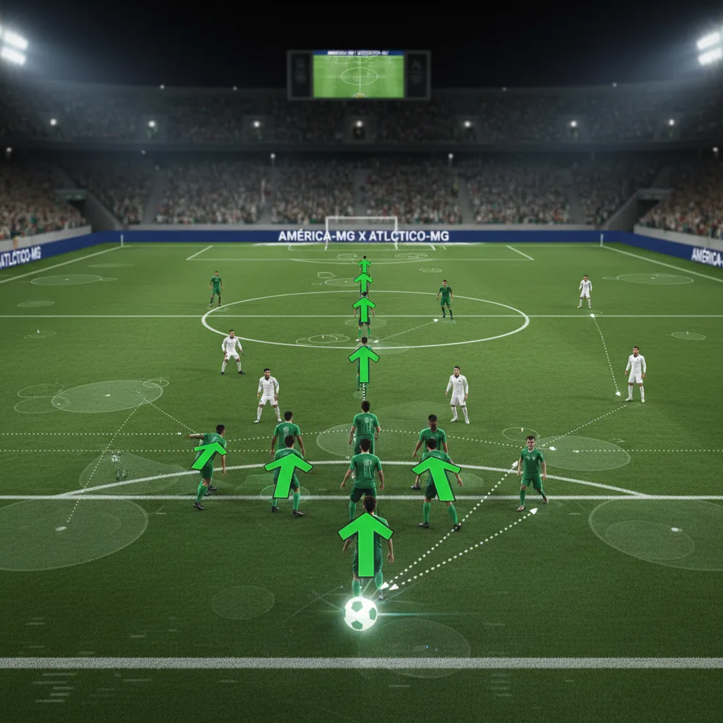 Atacante do América-MG corre com a bola em campo, buscando transição rápida no clássico contra o Atlético-MG.