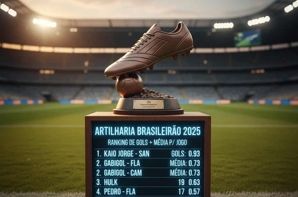 Kaio Jorge, atacante, celebra gol em campo, líder da artilharia do Brasileirão 2025.