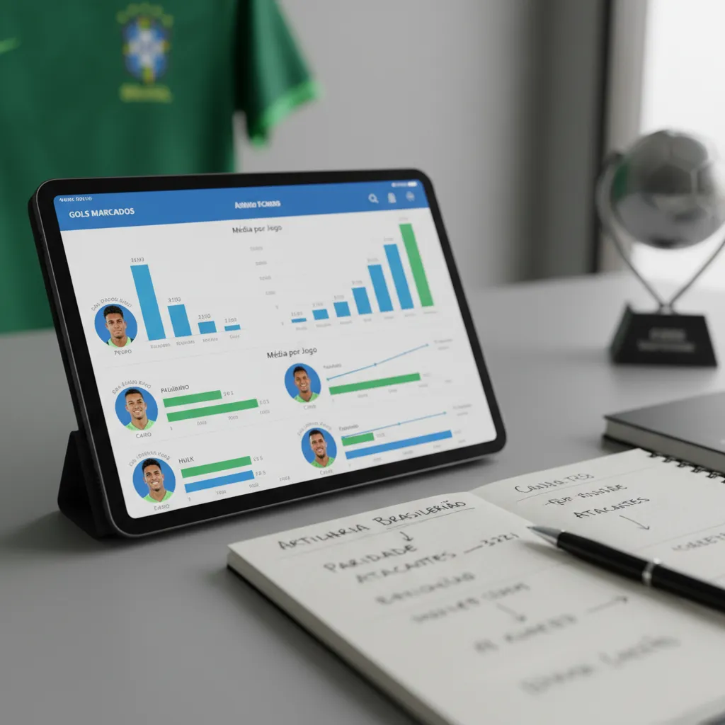 Gráfico: ranking de artilheiros do Brasileirão, com gols e média por jogo de atacantes como Pedro e Paulinho.