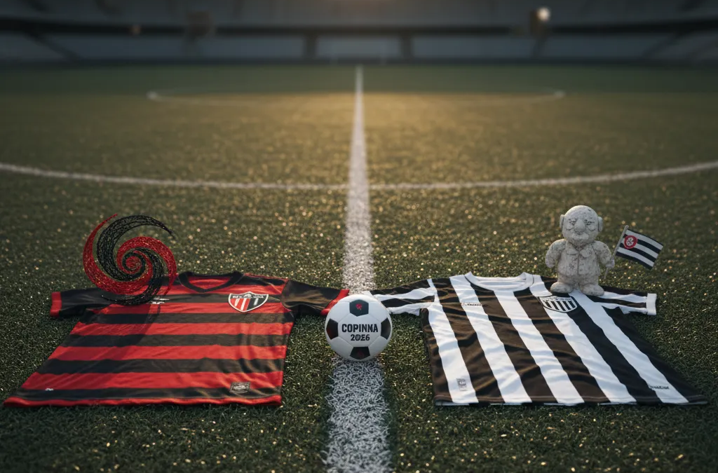 Jovens jogadores do Athletico-PR e Ceará disputam a bola em campo de futebol, representando o confronto da Copinha 2026.