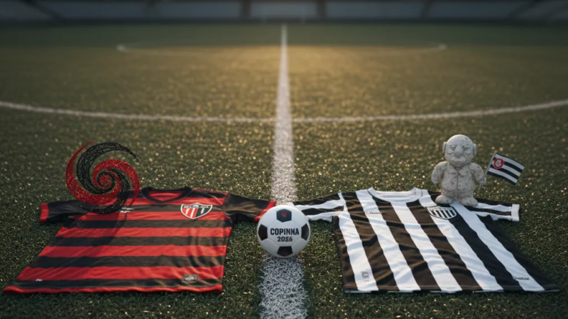 Jovens jogadores do Athletico-PR e Ceará disputam a bola em campo de futebol, representando o confronto da Copinha 2026.