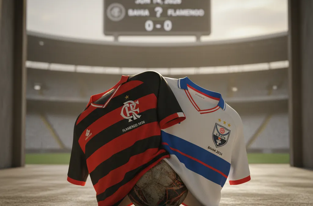 Jogadores do Bahia e Flamengo em disputa acirrada pela bola no gramado do estádio, com torcida vibrante.