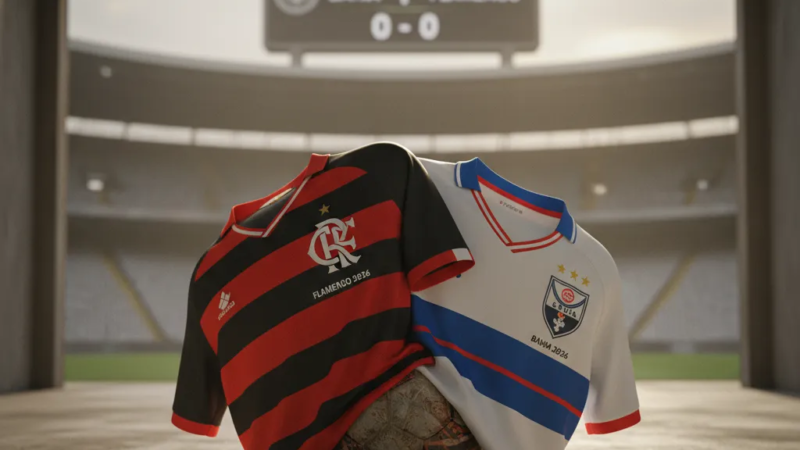 Jogadores do Bahia e Flamengo em disputa acirrada pela bola no gramado do estádio, com torcida vibrante.