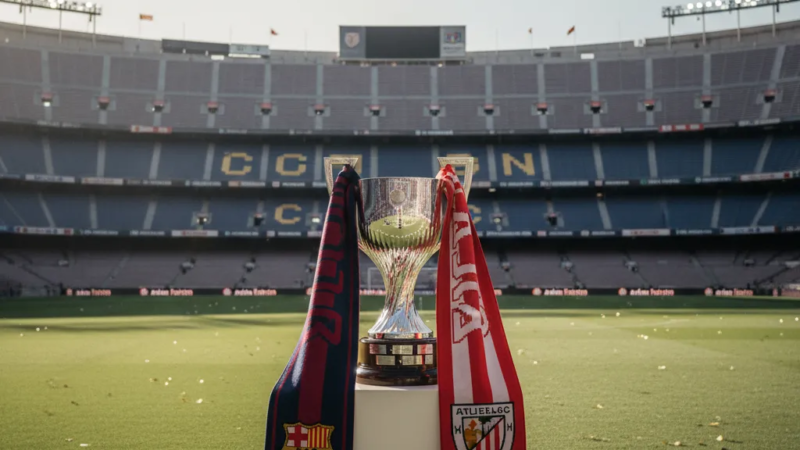 Jogadores do Barcelona e Athletic Bilbao em disputa de bola no gramado, com camisas azulgrana e rojiblanca em ação.