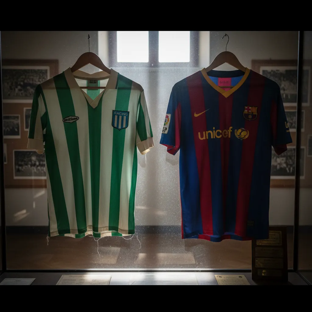 Jogadores do Barcelona e Racing Santander em ação durante um confronto histórico de futebol, com a bola em disputa no gramado.