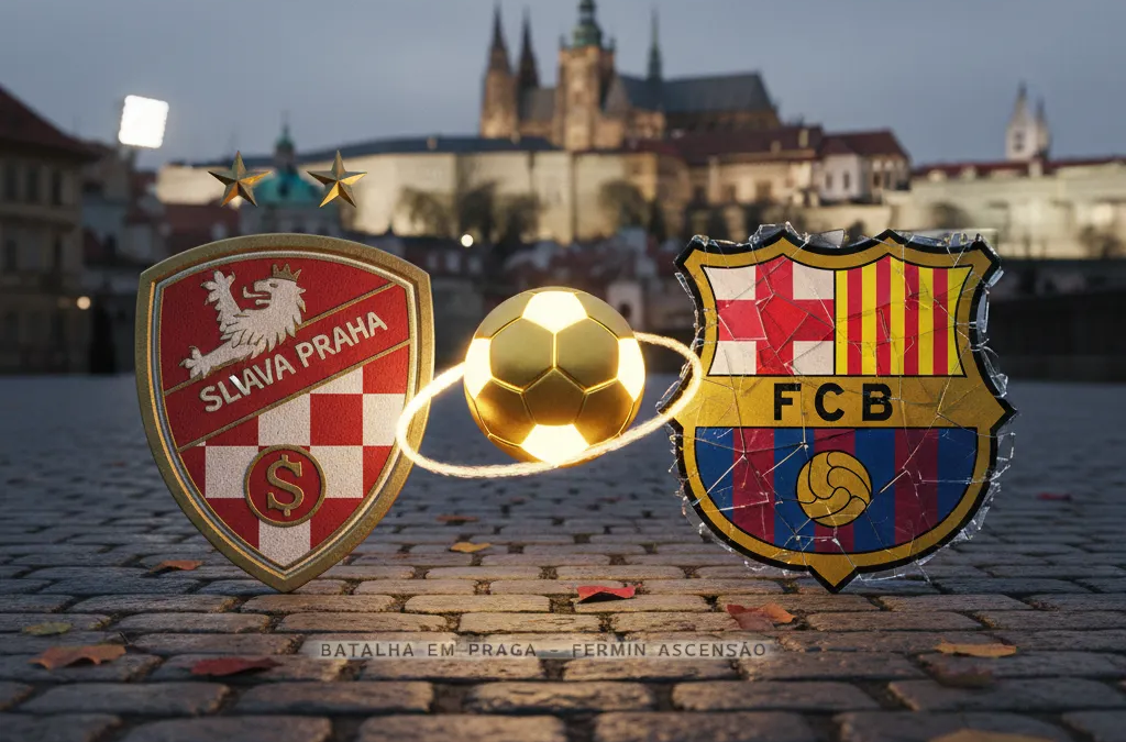 Jogador do Barcelona celebra gol decisivo contra o Slavia Praha na Champions League 2025/26.