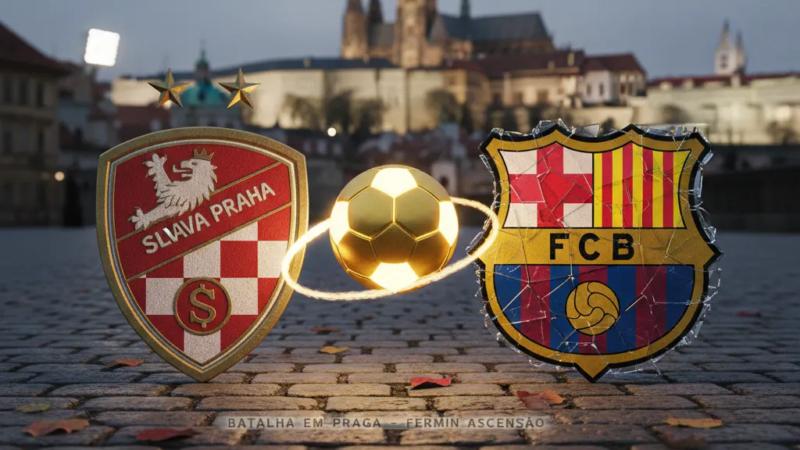 Jogador do Barcelona celebra gol decisivo contra o Slavia Praha na Champions League 2025/26.