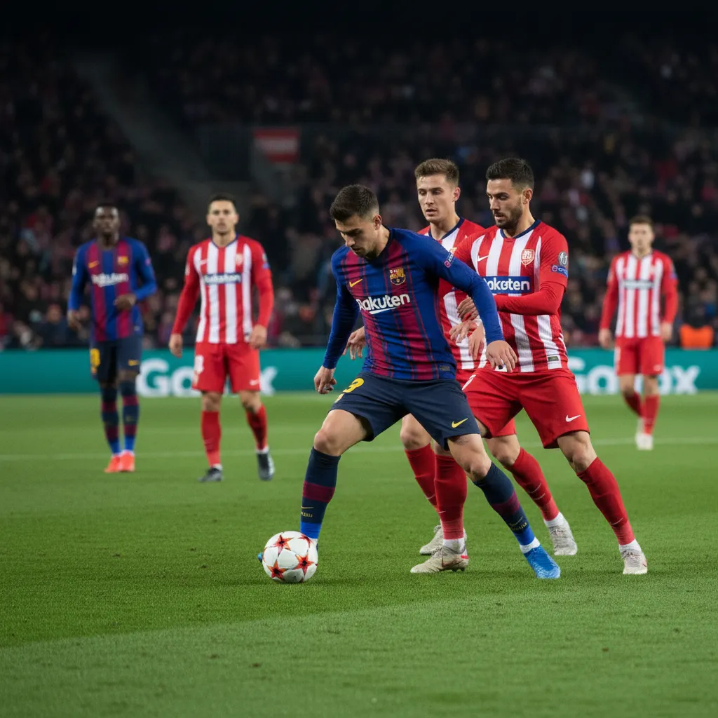 Jogador do Barcelona com a bola em campo, em lance de ataque contra o Slavia Praha. Partida de futebol.