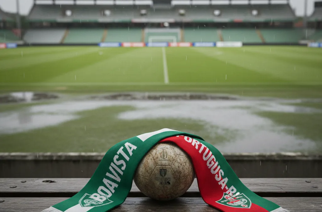 Jogadores do Boavista e Portuguesa-RJ disputam a bola em campo durante partida do Carioca.