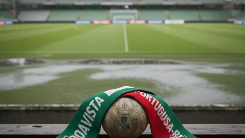 Jogadores do Boavista e Portuguesa-RJ disputam a bola em campo durante partida do Carioca.
