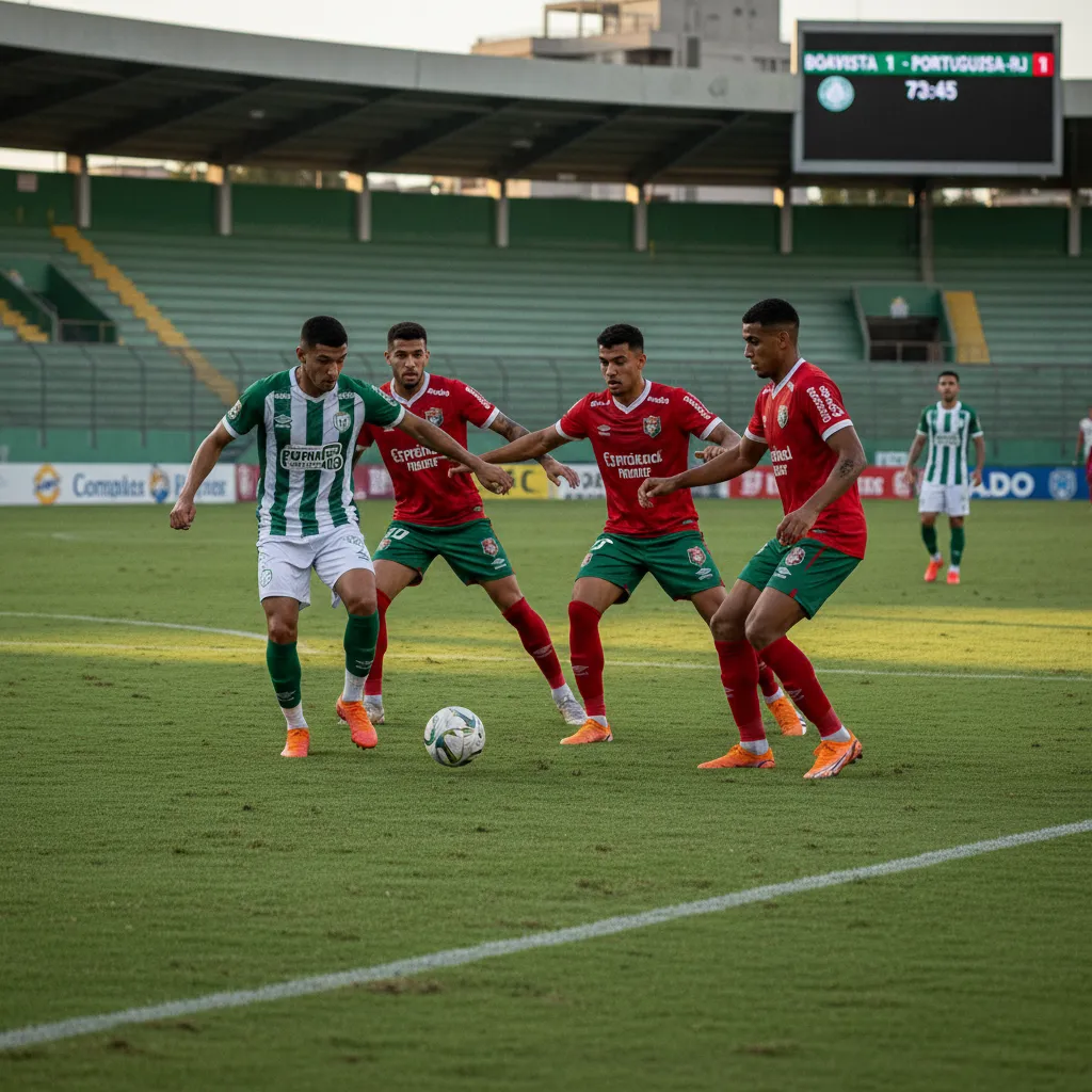 Jogadores de Boavista e Portuguesa-RJ em ação, disputando a bola em campo durante uma partida do Campeonato Carioca.