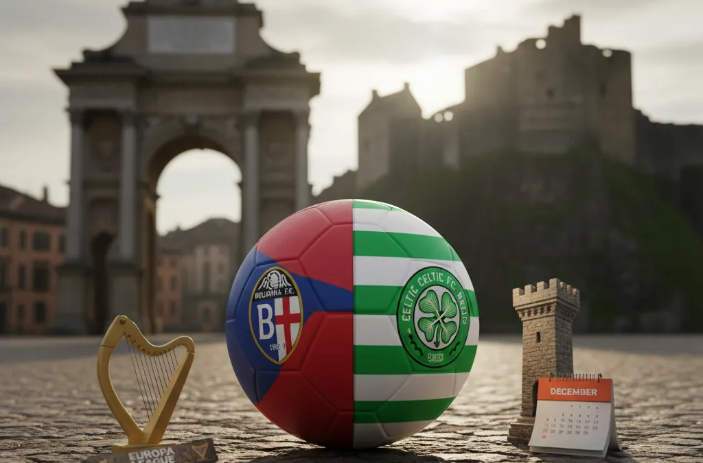 Jogadores do Bologna (vermelho/azul) e Celtic (verde/branco) disputam a bola em campo. Prévia Bologna x Celtic na Europa League.