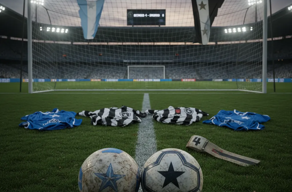 Jogador do Botafogo celebra gol no campo, com torcida ao fundo, durante a goleada contra o Cruzeiro no Brasileirão.