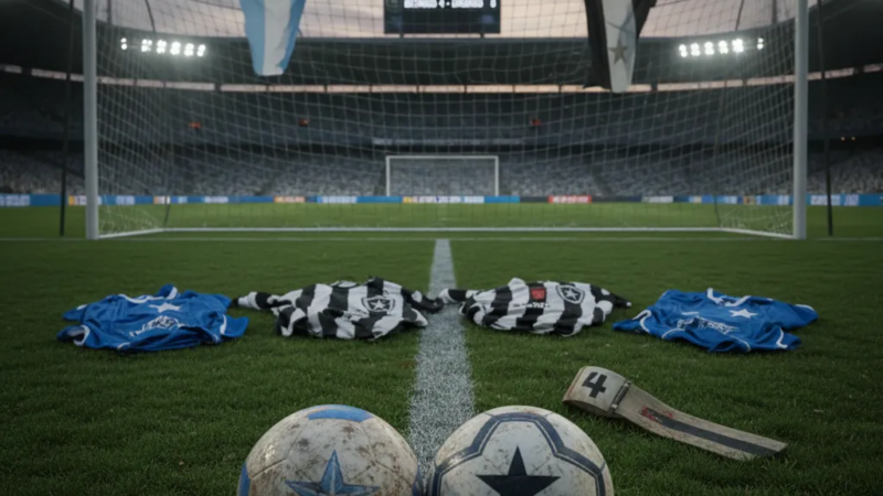 Jogador do Botafogo celebra gol no campo, com torcida ao fundo, durante a goleada contra o Cruzeiro no Brasileirão.