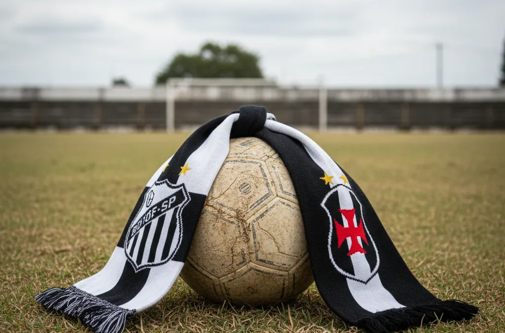 Atletas de Botafogo-SP e Vasco em ação, disputando a bola no gramado durante o jogo de futebol.