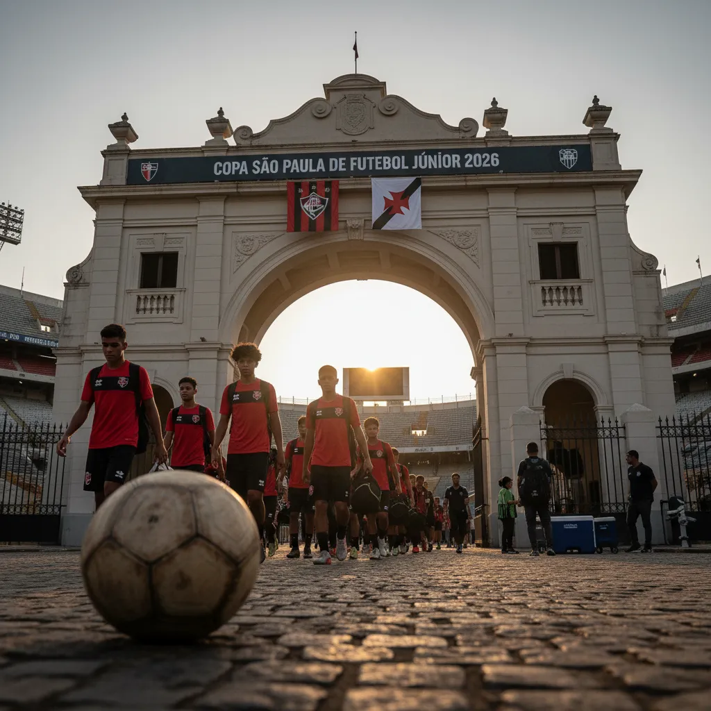 Jogadores do Botafogo-SP e Vasco disputam a bola em campo, representando o duelo da Copa São Paulo de Futebol Júnior.