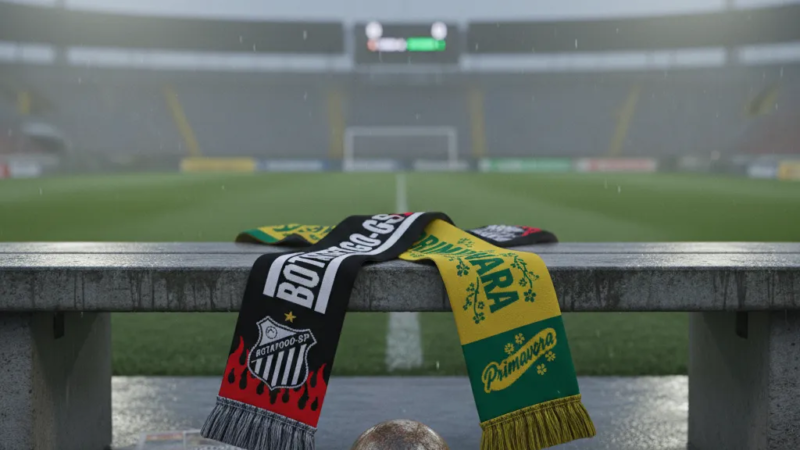 Jogadores de Botafogo-SP e Primavera em disputa intensa pela bola no gramado, durante jogo do Paulistão.