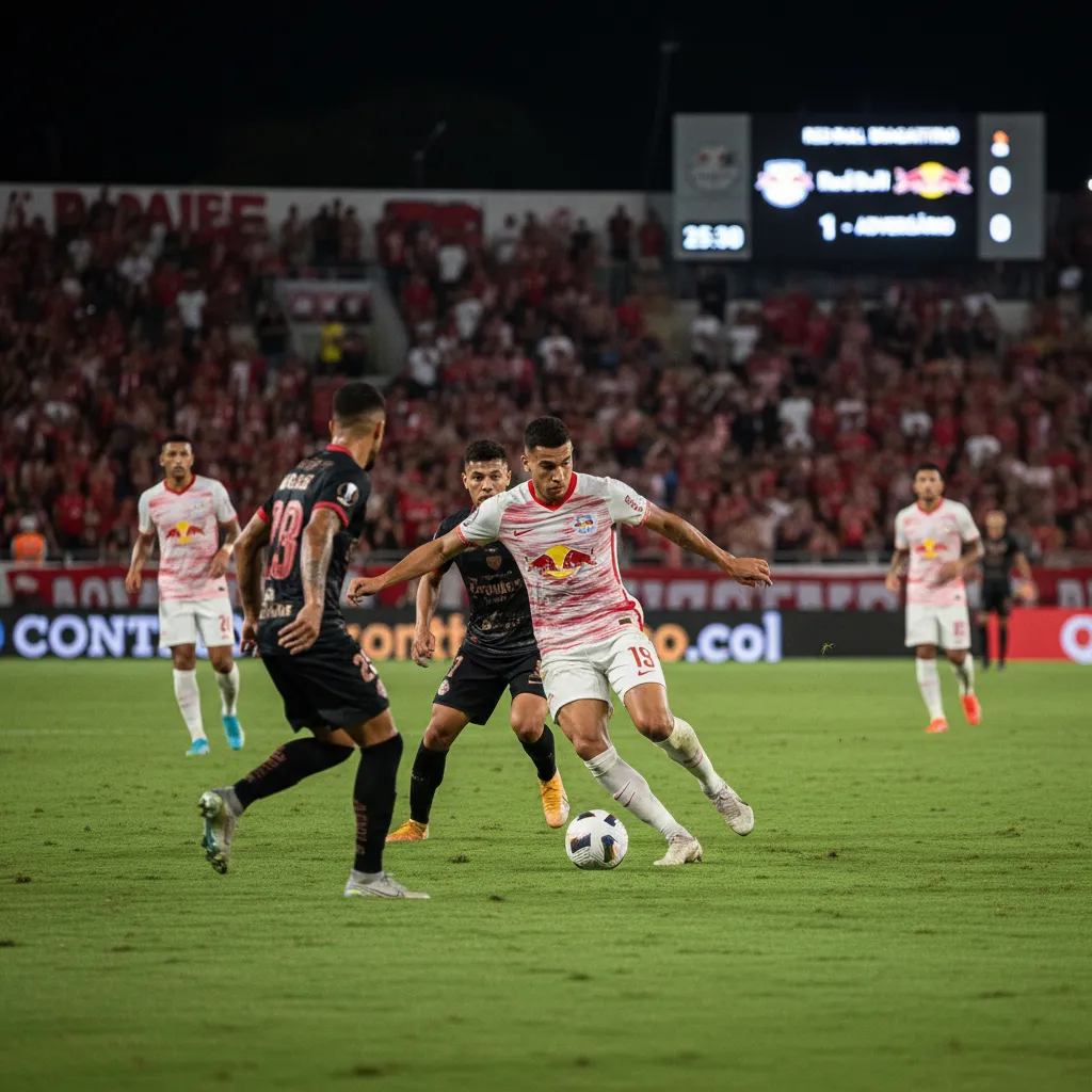 Jogador do Red Bull Bragantino em campo, comemorando vitória. Uniforme vermelho e branco em destaque.