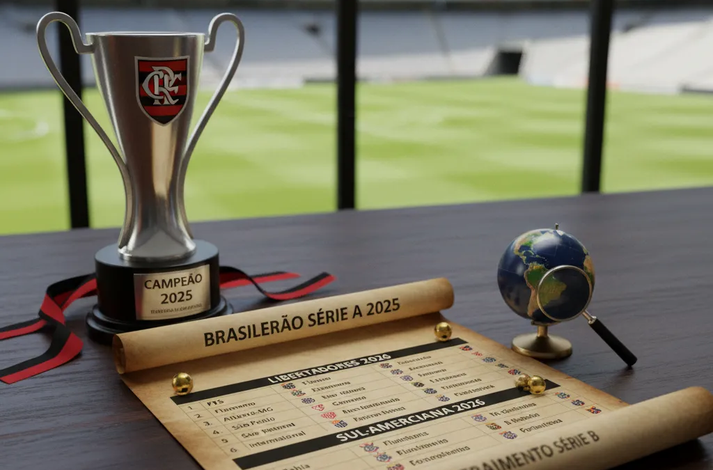 Jogador do Flamengo ergue a taça de campeão do Brasileirão Série A 2025 no estádio, celebrando a classificação final.