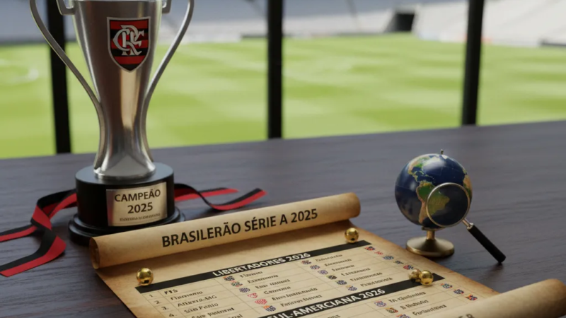 Jogador do Flamengo ergue a taça de campeão do Brasileirão Série A 2025 no estádio, celebrando a classificação final.