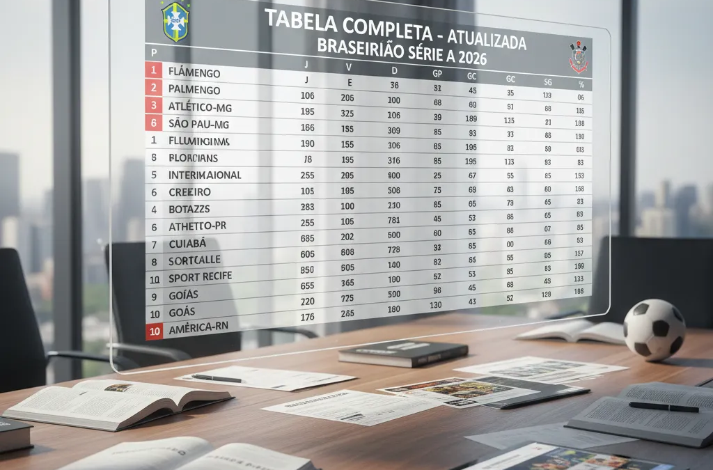 Tela de computador exibindo a tabela do Campeonato Brasileiro Série A 2026 com classificação de times e pontuação.