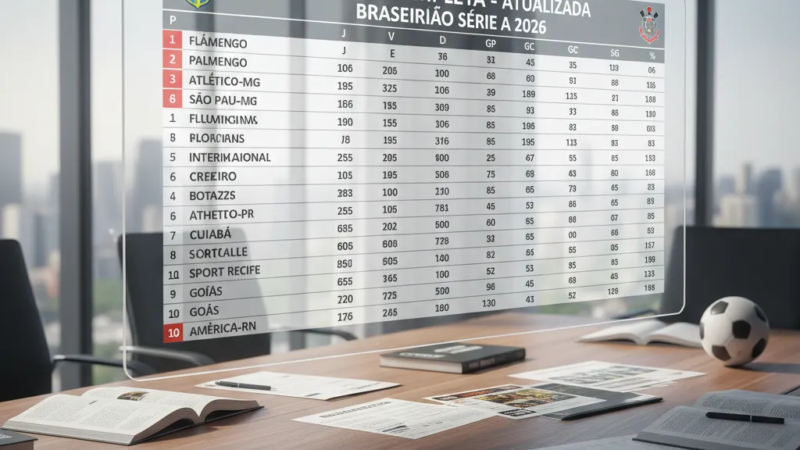 Tela de computador exibindo a tabela do Campeonato Brasileiro Série A 2026 com classificação de times e pontuação.