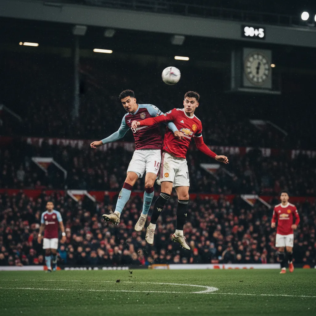 Jogadores do Burnley e Manchester United disputam a bola em campo, mostrando a intensidade do confronto de futebol da Premier League.