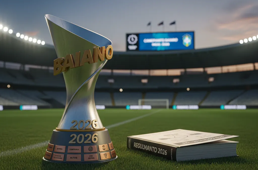 Jogador de futebol em ação, driblando a bola no gramado de um estádio vibrante, preparando-se para o Campeonato Baiano 2026.