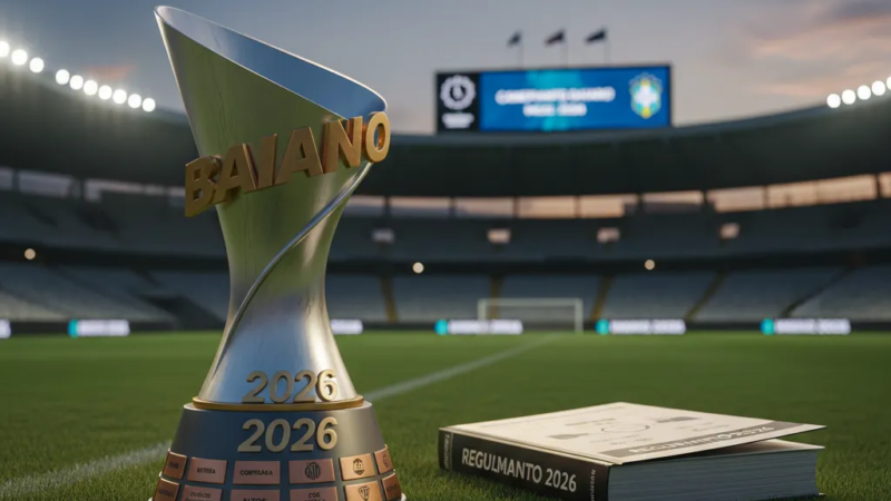 Jogador de futebol em ação, driblando a bola no gramado de um estádio vibrante, preparando-se para o Campeonato Baiano 2026.