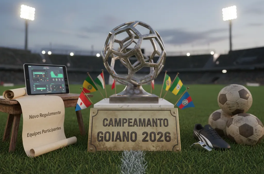 Estádio de futebol com gramado verde e arquibancadas vazias, aguardando o início do Campeonato Goiano 2026.