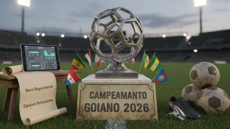 Estádio de futebol com gramado verde e arquibancadas vazias, aguardando o início do Campeonato Goiano 2026.