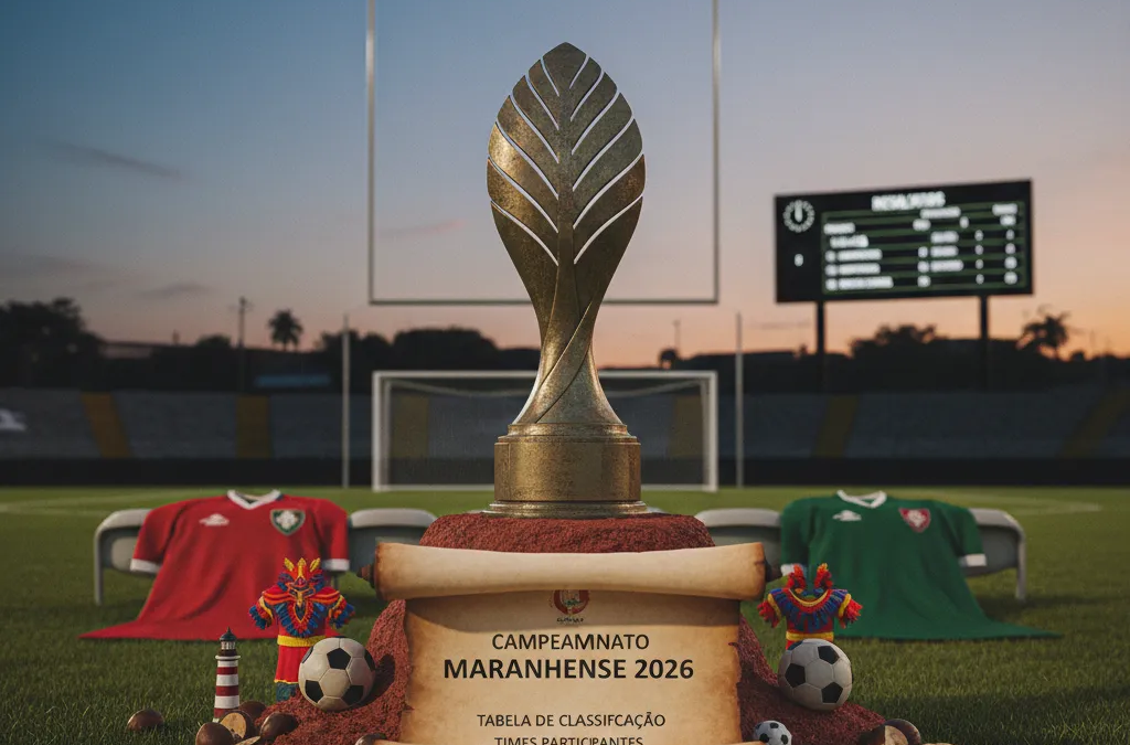 Jogador de futebol com camisa vermelha chuta a bola em campo verde durante partida do Campeonato Maranhense 2026, com torcida ao fundo.