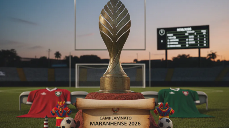 Jogador de futebol com camisa vermelha chuta a bola em campo verde durante partida do Campeonato Maranhense 2026, com torcida ao fundo.