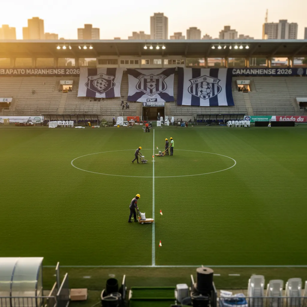 Estádio de futebol lotado com torcedores maranhenses vibrando, simbolizando a paixão pelo Campeonato Maranhense 2026.
